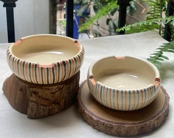 Handmade Ceramic Ashtray Striped Pottery Ash Tray Hand Painted Stoneware Decor Unique Cigar Accessory Minimalist Round Ash Holder