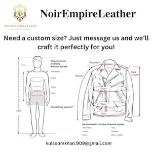 May include: Diagram illustrating how to measure for a custom leather jacket. Includes measurements for chest, waist, hips, and sleeves. The text reads "NoirEmpireLeather" and "Need a custom size? Just message us and we'll craft it perfectly for you!"