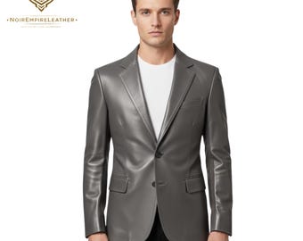 Men's Grey Lambskin Leather Blazer Jacket, Two-Button Slim Fit Business Outerwear, Elegant Formal Evening Attire, Handcrafted Luxury Gift