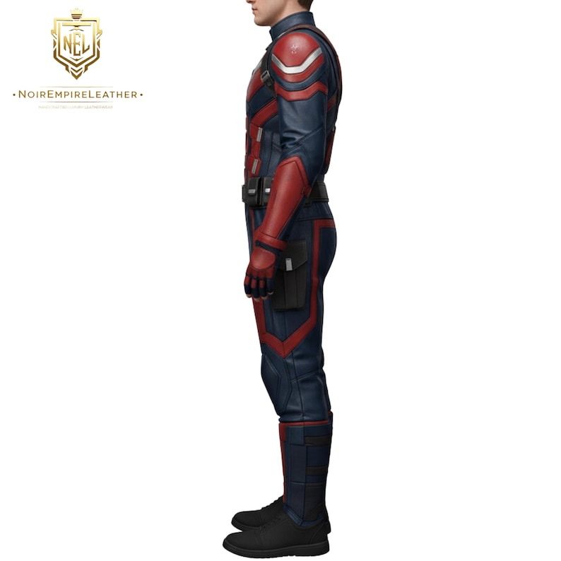 May include: A blue and red leather suit with a high collar, shoulder pads, and a utility belt. The suit has red accents and a black pouch on the leg. The boots are black. The logo of Noir Empire Leather is in the top left corner.