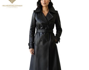 Women's Black Lambskin Leather Trench Coat, Long Double-Breasted Luxury Real Leather Winter Jacket, Classic Belted Waterproof Outerwear