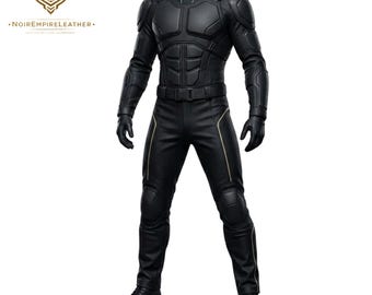 Men's Black Lambskin Leather Tactical Body Armor Suit, Real Movie Cosplay Biker Outfit, Armored Superhero Jumpsuit with Pants Set For Gift