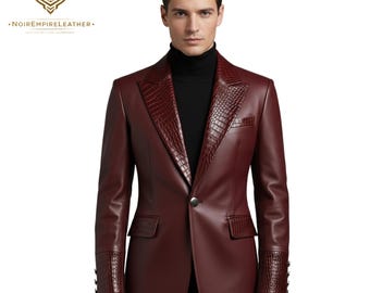 Blazer de luxe en cuir d'agneau bordeaux pour homme, revers et poignets en relief crocodile, tenue de soirée professionnelle à la mode, cadeau unique pour lui