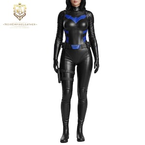 May include: Black leather bodysuit with blue accents, a high collar, and a utility belt. The costume includes a holster and boots. The Noir Empire Leather logo is in the upper left corner.