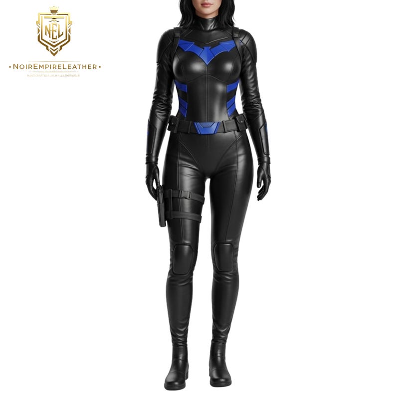 May include: Black leather bodysuit with blue accents, a high collar, and a utility belt. The costume includes a holster and boots. The Noir Empire Leather logo is in the upper left corner.