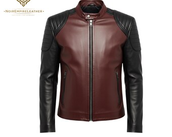 Chaqueta de piel de cordero para hombre, estilo motero, color granate y negro, con hombros acolchados, corte entallado de alta calidad, ideal para uso informal en invierno.