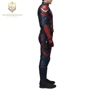 May include: A side view of a blue and red leather costume. The costume features red accents on the shoulders, arms, and legs. The suit includes a black utility belt and pouches. The boots are black, and the overall design is sleek and modern.
