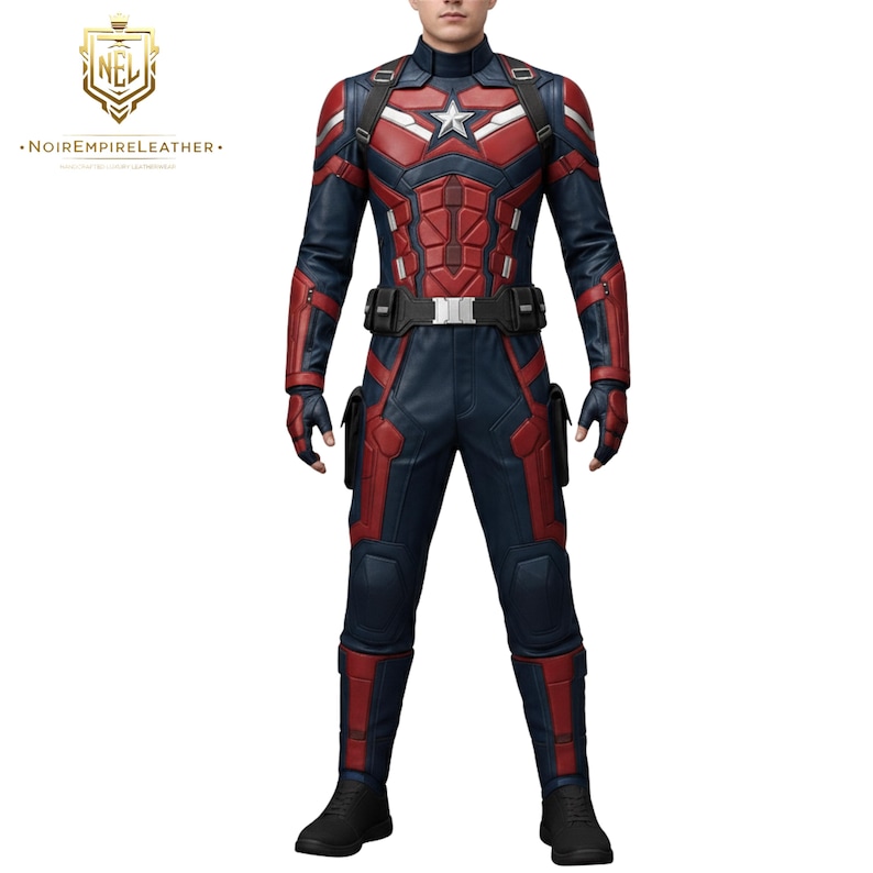 May include: A full-body leather costume in navy blue and red, featuring a white star emblem on the chest. The outfit includes a high collar, gloves, and boots. The costume has a utility belt and pouches. The logo "NOIREMPIRELEATHER" is visible.