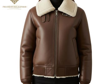 Women's Luxurious Lambskin Leather Bomber Jacket, Shearling Collar B3 Aviator Style, Brown Winter Coat, Sheepskin Lined Outerwear Gift