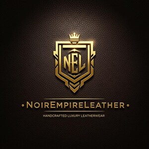 May include: Gold emblem with the letters "NEL" inside a shield shape, topped with a crown. The text "Noire Empire Leather" and "Handcrafted Luxury Leatherwear" are below the emblem, all in gold against a dark brown leather texture.