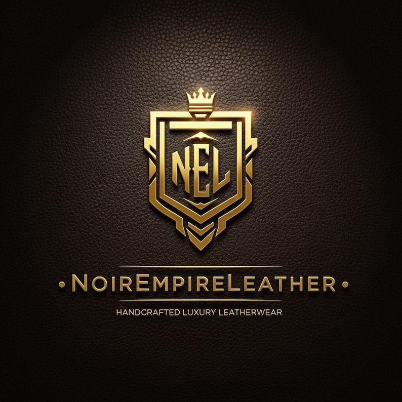 May include: Gold emblem with the letters "NEL" inside a shield shape, topped with a crown. The text "Noire Empire Leather" and "Handcrafted Luxury Leatherwear" are below the emblem, all in gold against a dark brown leather texture.