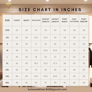 May include: A size chart in inches for clothing, with measurements for chest, waist, shoulder, sleeve length, jacket length, pant waist, pant outseam, and pant inseam. Sizes range from XXS to 4XL. The email address kulsoomkhan.909@gmail.com is also visible.