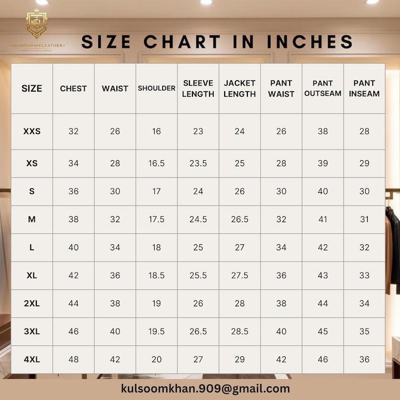May include: A size chart in inches for clothing, with measurements for chest, waist, shoulder, sleeve length, jacket length, pant waist, pant outseam, and pant inseam. Sizes range from XXS to 4XL. The email address kulsoomkhan.909@gmail.com is also visible.