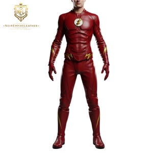 Red Flash Superhjältedräkt Filmreplika Cosplay-kostym i lammskinn, Speedster Halloween-outfit för män, premium Comic Con-body
