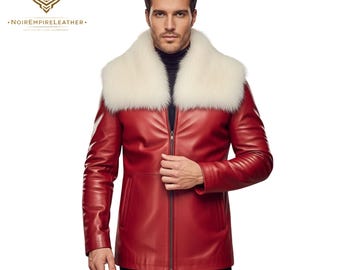 Blouson homme en cuir d'agneau rouge avec col en fourrure blanche, vêtement d'hiver pour homme, manteau de créateur, fermeture éclair complète de luxe, style motard, cadeau artisanal pour lui