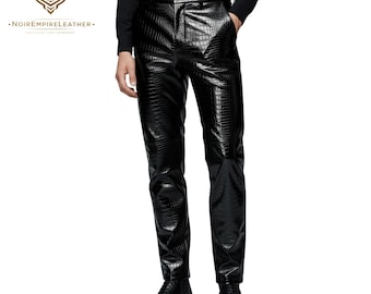 Premium schwarze Lammleder Lederhose für Herren, Alligator geprägte Slim Fit-Hose, luxuriöses Kroko-Finish, exklusives Designer-Geschenk für ihn