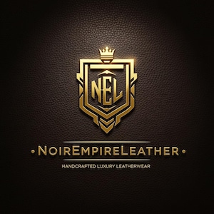 May include: Gold emblem with the letters "NEL" inside a shield shape, topped with a crown. The text "Noire Empire Leather" and "Handcrafted Luxury Leatherwear" are below the emblem, all in gold against a dark brown leather texture.