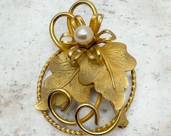 Vintage 1950s Gold Tone Floral Brooch | Genuine Pearl, Leaf & Ribbon Pin