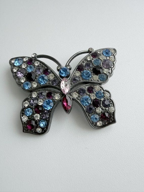 Signed Monet Butterfly Brooch, Rhinestone Gunmetal Costume Jewelry