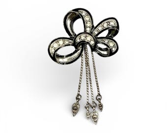 Vintage Silver Tone Bow Brooch with Rhinestones and Dangle Chains – 1940s Style Costume Jewelry