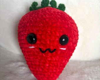 Crochet Strawberry Plush Toy | Soft Chenille Amigurumi Fruit Décor