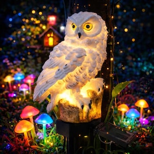 May include: A white owl-shaped garden light fixture with yellow eyes and a solar panel. The owl is perched on a tree stump, illuminated by a warm glow. Colorful mushroom lights and fairy lights are in the background.