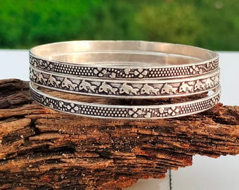 3 Set Silver Bangles, Stackable Silver Bracelets, Minimalist Boho Jewelry Gift .