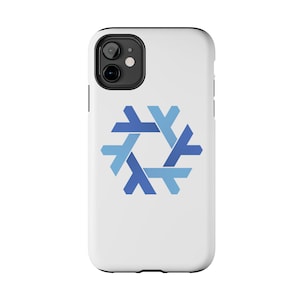May include: A white smartphone case featuring a central graphic design composed of six interlocking blue and light blue arrow-like shapes arranged in a hexagonal pattern. The case has a black camera cutout area at the top left corner.