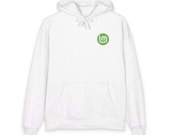 Op de afbeelding: Witte hoodie met een voorzak en een capuchon met trekkoord. Een groen-wit logo staat op de linkerbovenborst. De hoodie is gemaakt van een zacht, comfortabel materiaal.