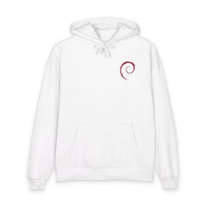 Puede incluir: Una sudadera con capucha blanca con un bolsillo delantero y una capucha con cordón. Un pequeño logotipo en espiral granate está en la parte superior izquierda del pecho. La sudadera está hecha de un material suave y cómodo.