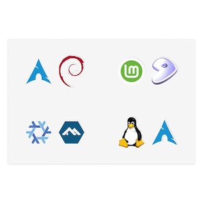 May include: A collection of eight individual stickers featuring various Linux distribution logos, including the Arch Linux blue triangle, the red Debian swirl, the green Linux Mint circle, the Gentoo logo, the NixOS snowflake, the Manjaro hexagon, and Tux.