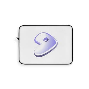 May include: A white laptop sleeve featuring a centered, stylized graphic of a light purple, rounded, comma-like shape with a small circular cutout. The sleeve has a black zipper closure along the side and a black border framing the rectangular case.