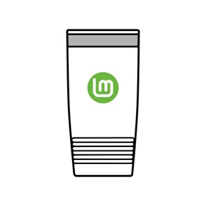 May include: A white travel tumbler with a gray lid and a green circular logo featuring the letters lm in the center. The base of the tumbler has a series of horizontal black lines, and the entire object is outlined in a bold black stroke.