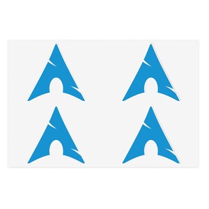 May include: A sheet containing four identical blue stickers, each featuring a stylized letter A logo. The design consists of a sharp, triangular shape with a curved cutout at the base and a diagonal slash across the upper right side of the letter.
