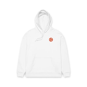 May include: A white long-sleeved hooded sweatshirt featuring a drawstring hood and a large front kangaroo pocket. On the upper left chest, there is a small circular orange logo with a white stylised graphic design printed on the fabric.