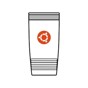 Peut inclure: Un gobelet de voyage blanc avec un couvercle gris et une série de lignes horizontales à la base. Le centre du gobelet présente un logo orange circulaire avec trois silhouettes blanches stylisées disposées en cercle, le symbole Ubuntu.