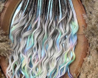 Pastel Rainbow and Grey Brushable dreaded curls with glitch accents , Anna curls