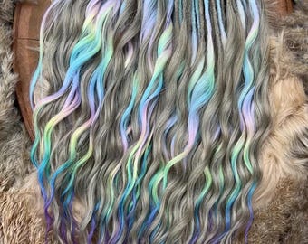 Ash brown and pastel Rainbow Brushable dreaded curls  , Anna curls , Dready waves