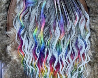 Grey and Rainbow Brushable dreaded curls with glitch accents , Anna curls