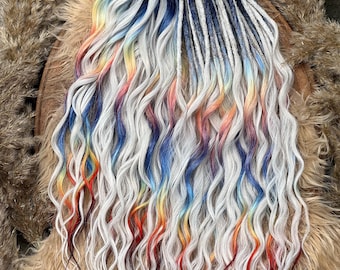 Light Grey and blue rainbow Brushable dreaded curls , Anna curls