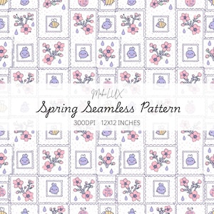 May include: A repeating pattern featuring whimsical illustrations of bees, ladybugs, and smiling characters, along with pink cherry blossoms and raindrops. The text "Spring Seamless Pattern" is displayed. The pattern is 12x12 inches.