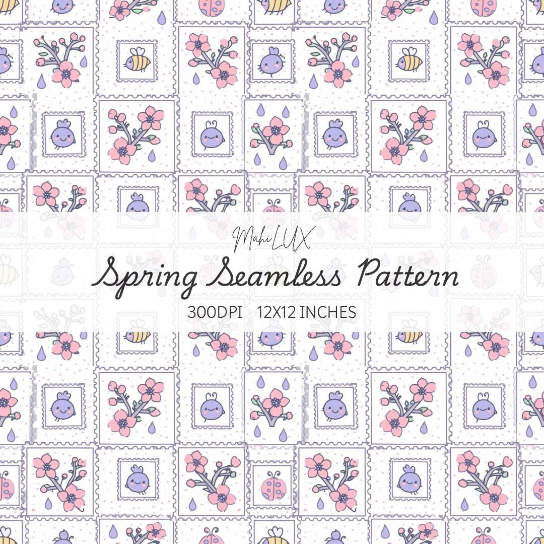 Cute Spring Seamless Pattern, Pastel Bee Ladybug Floral Print, Kawaii ...