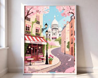 Paris Wall Art, Montmartre Print, Le Consulat Cafe Illustration, Sacre Coeur Poster, Pink Cherry Blossom Decor, French Travel Gift, Digital