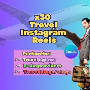 Può includere: Grafica promozionale con il testo "x30 Travel Instagram Reels" in giallo. L'immagine presenta una persona in giacca e cravatta, una valigia e un aereo. La grafica include anche il logo Canva e il testo "Perfect for: Travel agents, E-sim providers, Travel blogs/vlogs."