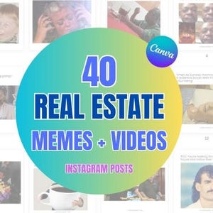 Può includere: Una grafica con il testo "40 REAL ESTATE MEMES + VIDEOS INSTAGRAM POSTS" in blu e bianco, su un cerchio sfumato. L'immagine include diverse immagini più piccole con testo e persone.