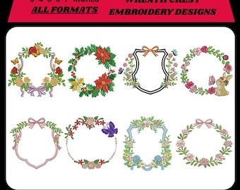 Pack of Floral Wreath Crest Embroidery Design Baby & Wedding Monogram Frame Machine Files | Ribbon Bow Crest | 12+ Format Instant Download