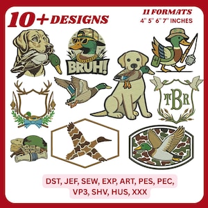 May include: A collection of embroidered designs featuring ducks and dogs. The designs include a duck wearing sunglasses and a gold chain with the word "BRUH!" and a dog holding a duck. The image also includes the text "10+ DESIGNS" and "11 FORMATS 4" 5" 6" 7" INCHES".