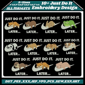 May include: Black graphic featuring various cartoon animals, including a fox, bear, rabbit, and frog, each resting on a white swoosh. The text "JUST DO IT" and "LATER" are also present. The design is available in multiple sizes.