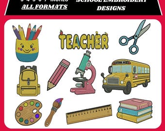 Teacher School Machine Embroidery Designs | Back to School Embroidery Bundle | School Embroidery | 5 Sizes 12 Formats | Digital Download