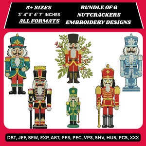 Może przedstawiać: Kolekcja sześciu kolorowych wzorów haftu do dziadków do orzechów. Wzory obejmują dziadki do orzechów w różnych kolorach, w tym czerwonym, niebieskim, zielonym i czarnym. Dostępne w 5+ rozmiarach, od 7.6 do 17.8 cm, i wszystkich formatach.